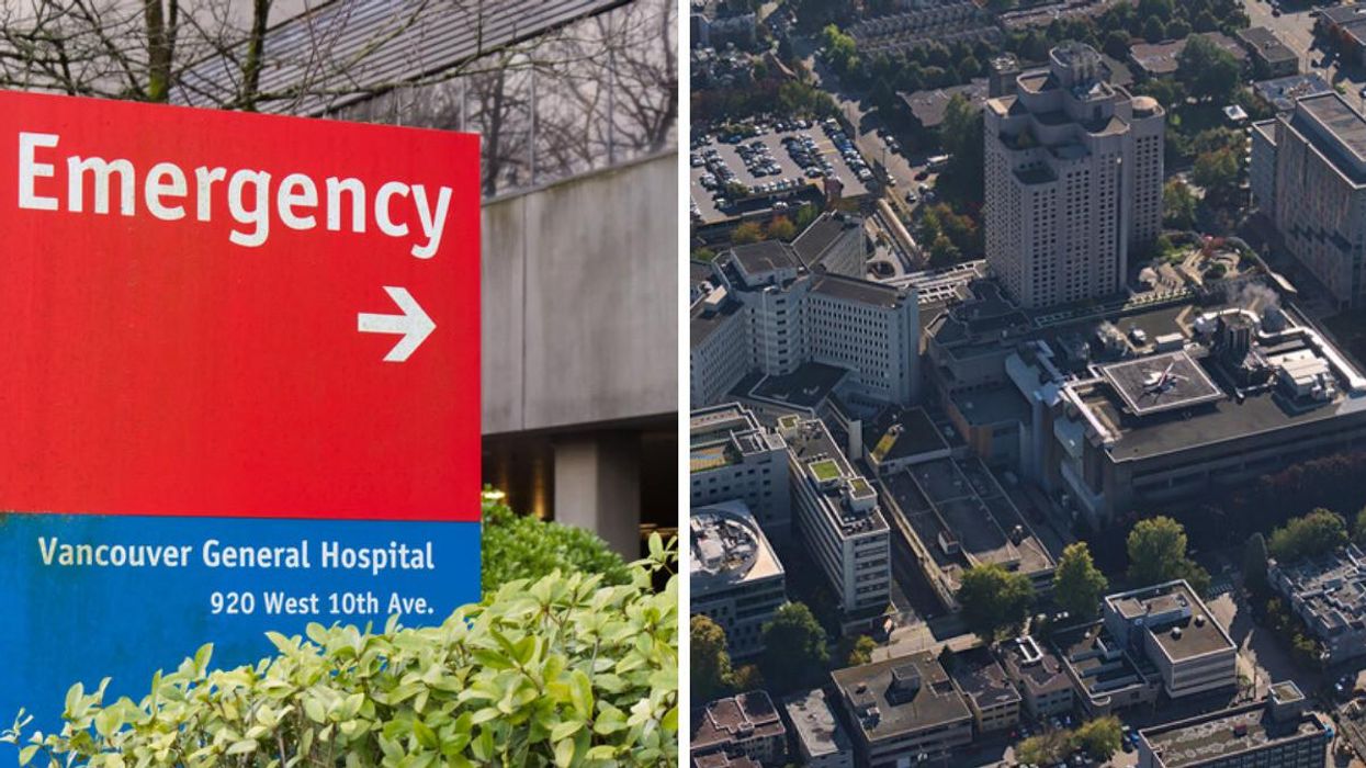Emergency sign outside of VGH. Right: View from above of VGH.