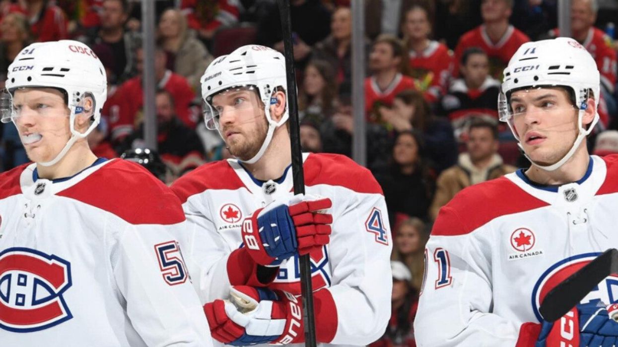 Emil Heineman, Joel Armia et Jake Evans des Canadiens de Montréal.