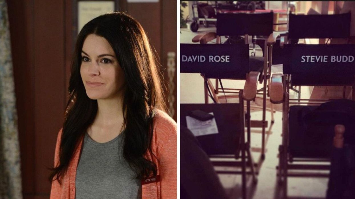Emily Hampshire as Stevie Budd on "Schitt's Creek." Right: Seats that say David Rose and Stevie Budd.