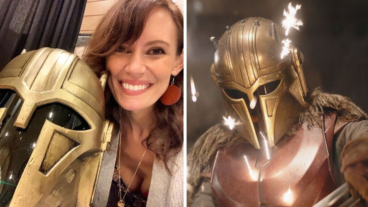 Emily Swallow with her Armorer helmet at a Star Wars event. Right: Emily Swallow as the Armorer in The Mandalorian Season 3.
