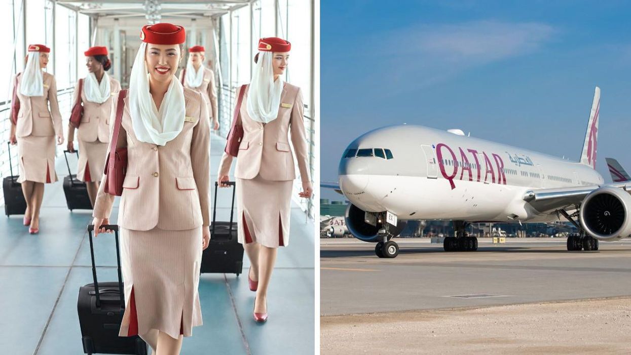 Emirates flight attendants. Right: A Qatar Airways plane.