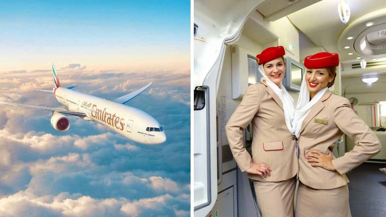 Emirates plane in the air. Right: Emirates airline cabin crew members.