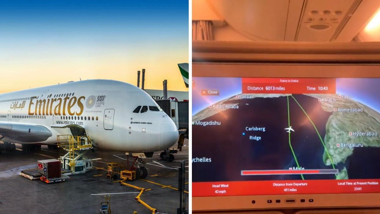 Emirates plane. Right: TikTok showing the plane turning back.