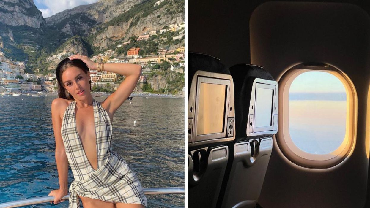 Emma Leger in Italy. Right: Plane window.