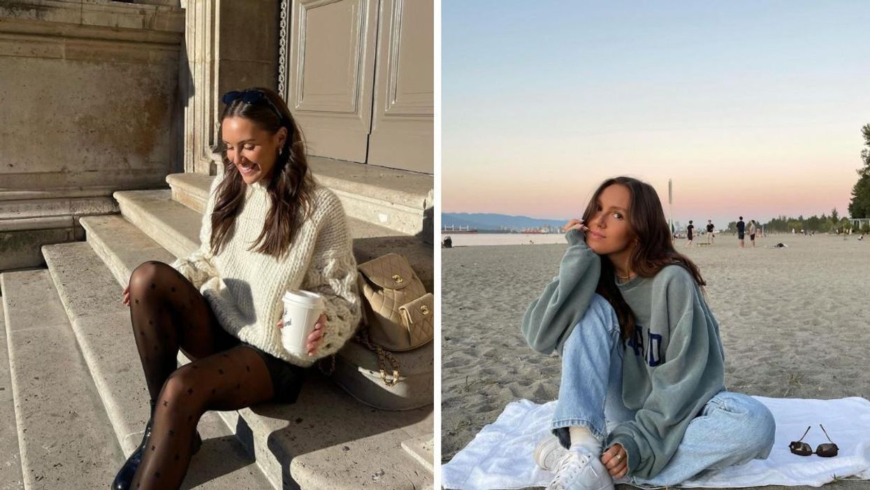 Emma Leger sitting on steps with coffee. Right: Emma Leger at a beach in Vancouver.