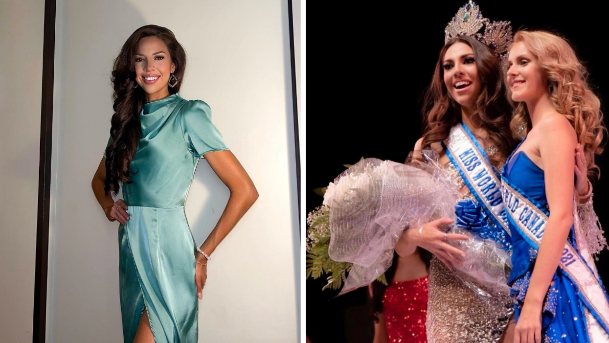 Emma Morrison. Right: Emma Morrison winning Miss World Canada.