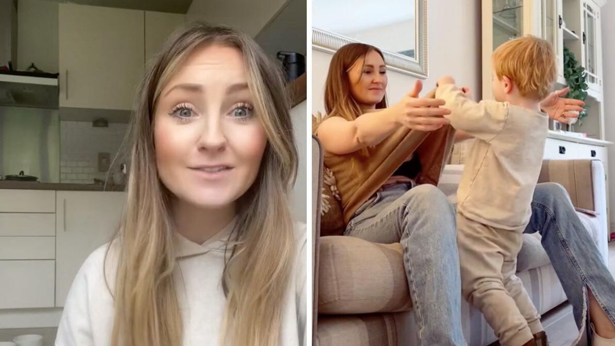 Emma talking about the TikTok hate. Right: Emma with her weaning toddler.
