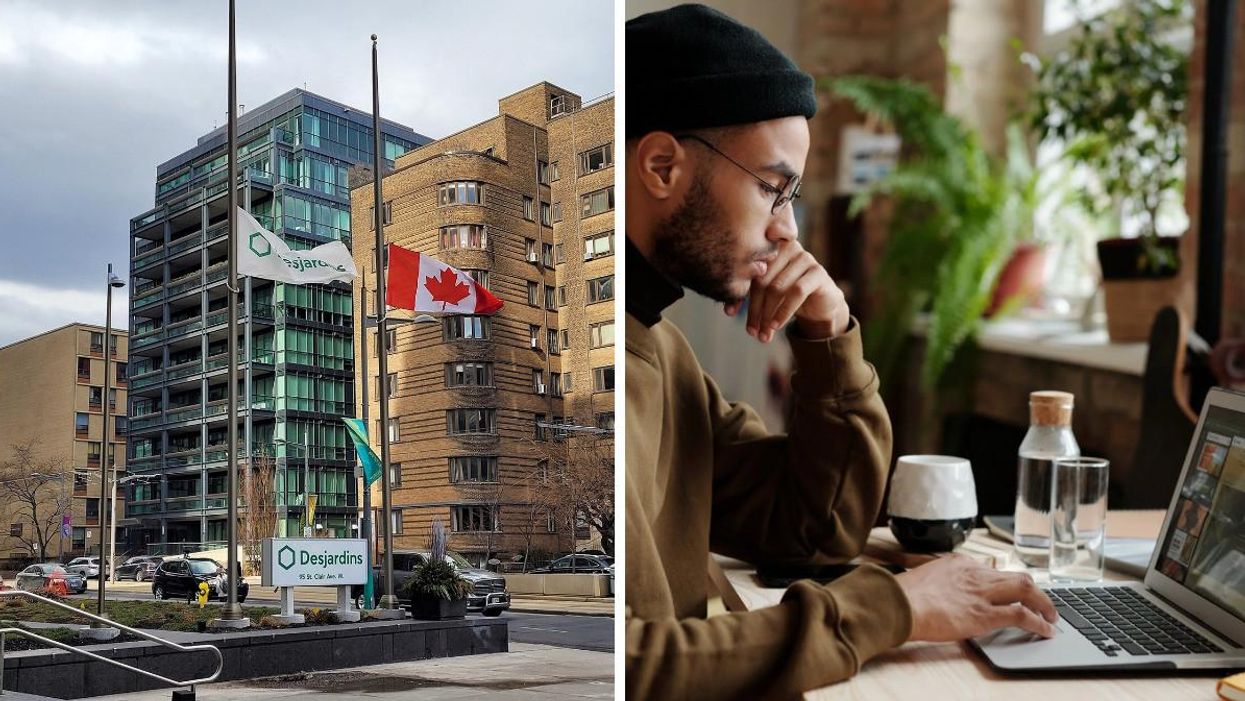 Emploi chez Desjardins. Droite : Personne en télétravail.