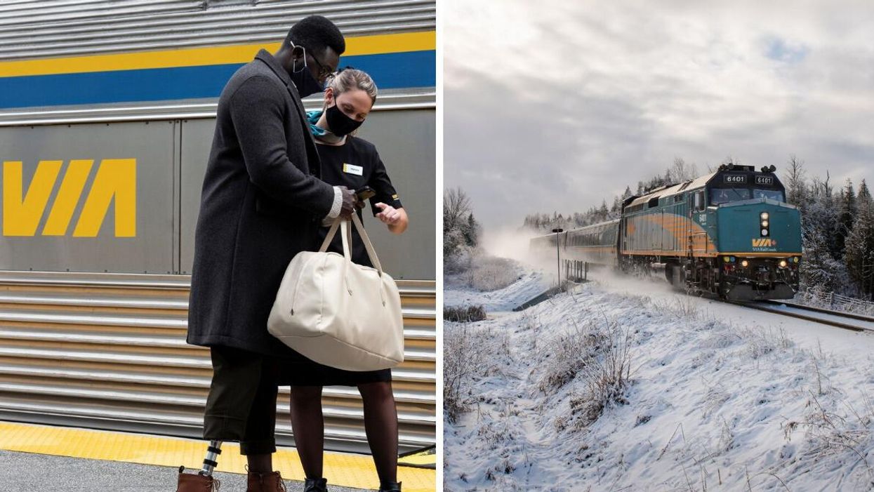 Employé chez VIA Rail. Droite : Un train en hiver.