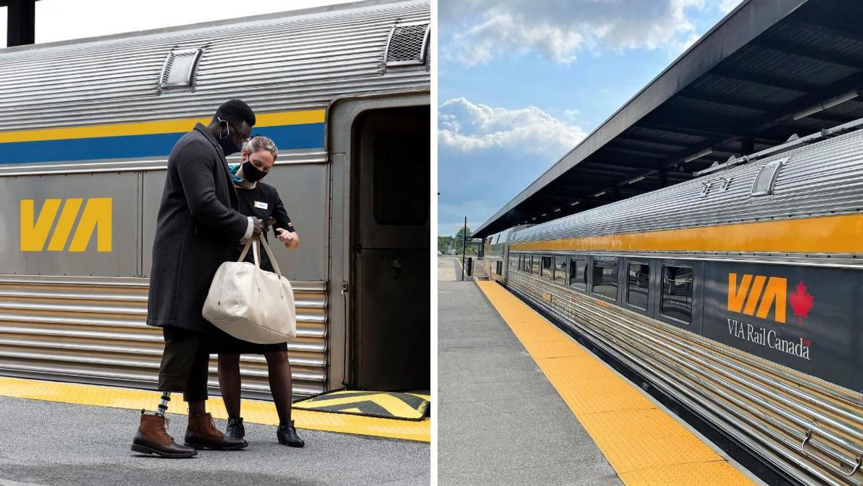Employé.es à la gare VIA Rail. Droite : Gare VIA Rail.