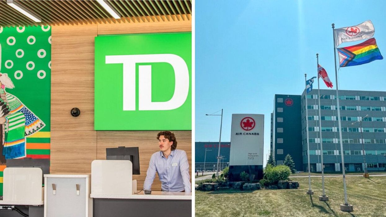 employee at a desk in td bank brank. right: exterior of air canada office with flags