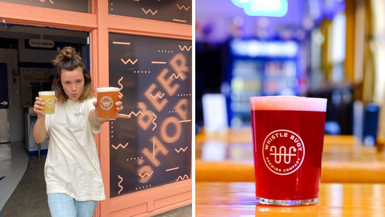 Employee at Whistle Buoy Brewing. Right: glass of craft beer in Victoria, B.C.