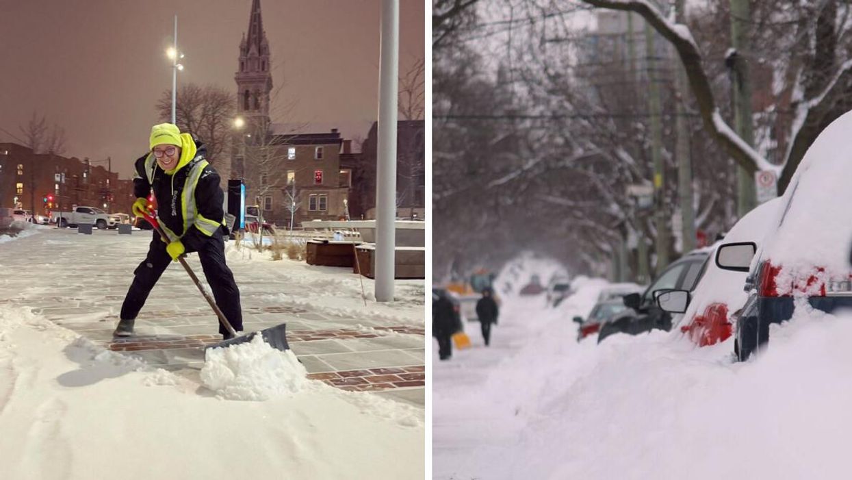 Employée Strathmore en hiver. Droite : Voitures enneigées à Montréal.