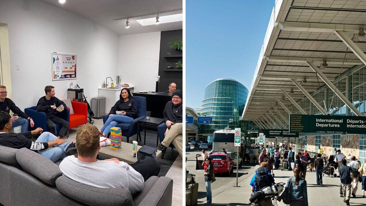 Employees at a company that offers unlimited vacation. Right: Travellers at Vancouver International Airport.