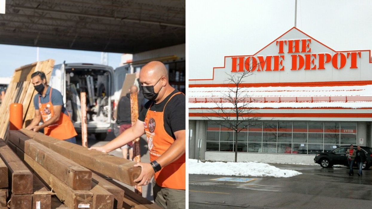 Employees at Home Depot. Right: A Home Depot Canada store.