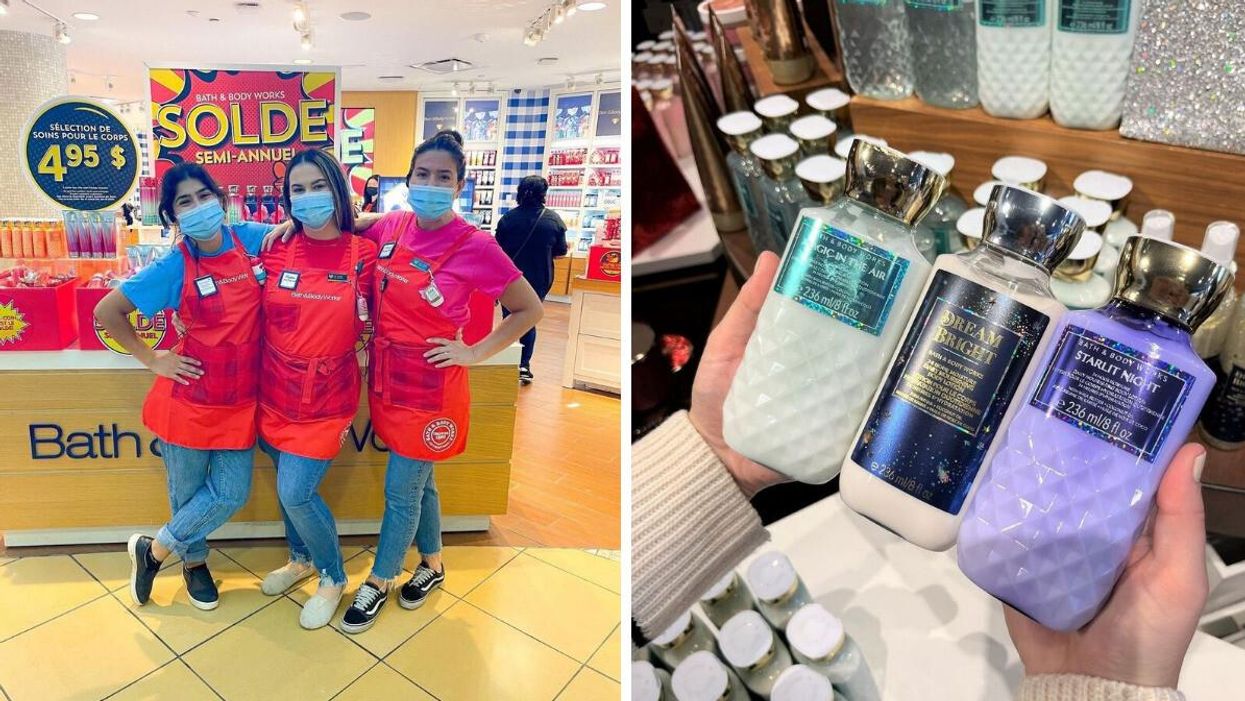 Employées du Bath and Body Works. Droite : Produits du Bath and Body Works.