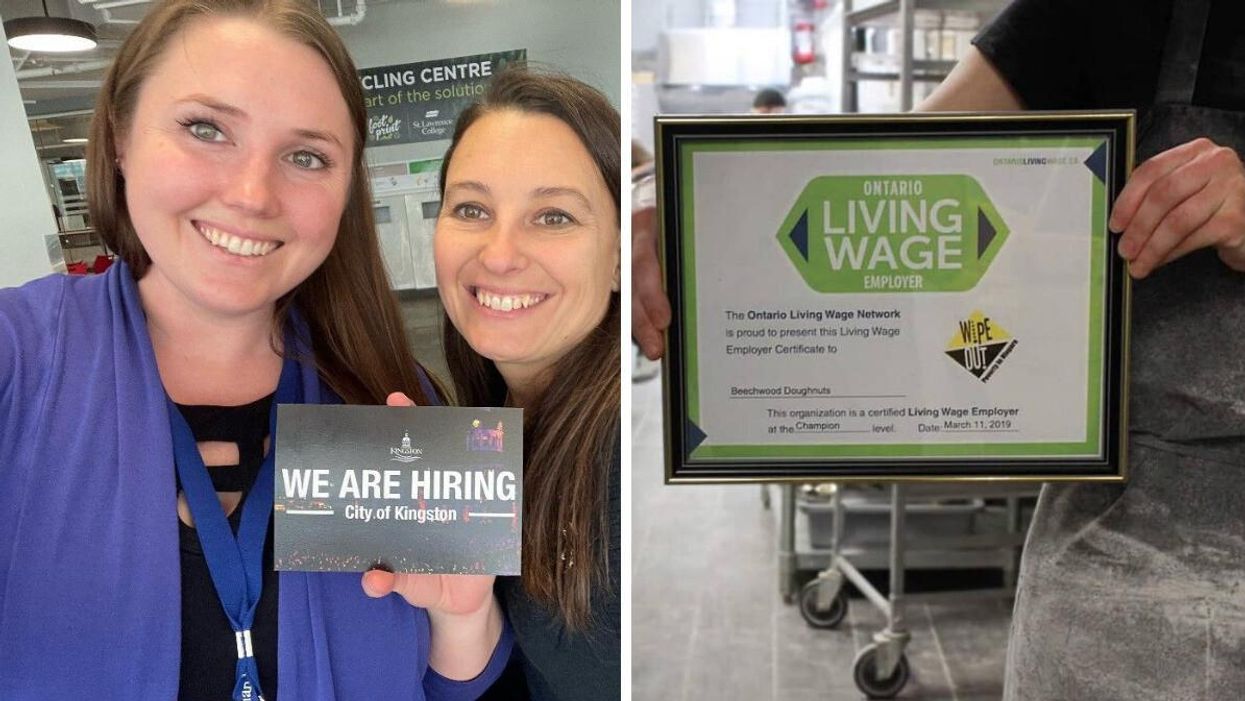 Employees of the City Of Kingston. Right: Beechwood Doughnuts' living wage certificate