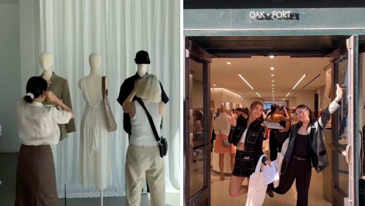 Employees working at Oak + Fort. Right: Oak + Fort storefront.