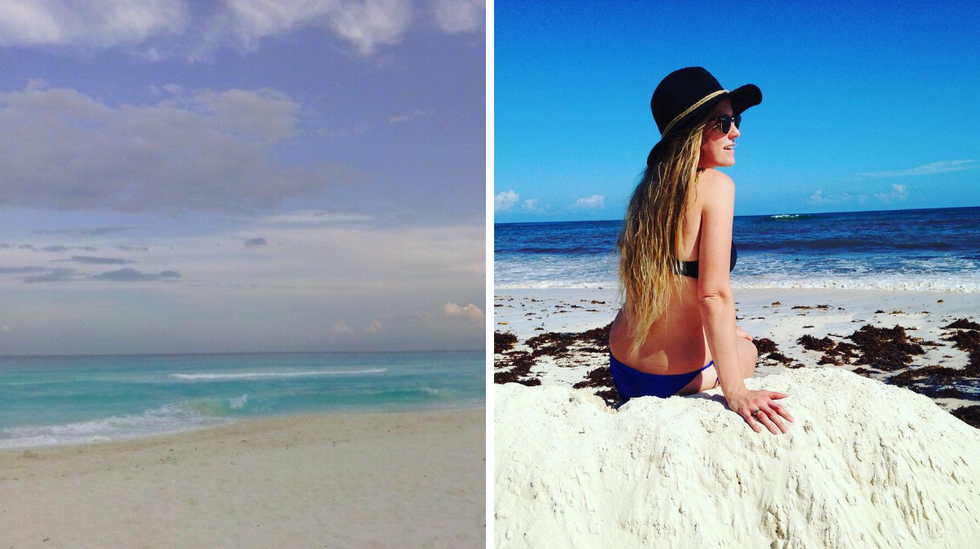Empty beach with light sand and turquoise waves. Right: Woman sits in the sand on a beach with the water behind her.