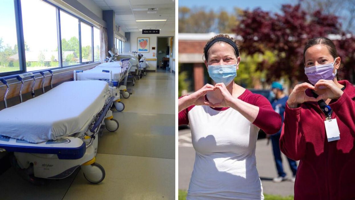Empty beds in a hospital in Canada. Right: Nurses making hearts with their hands.