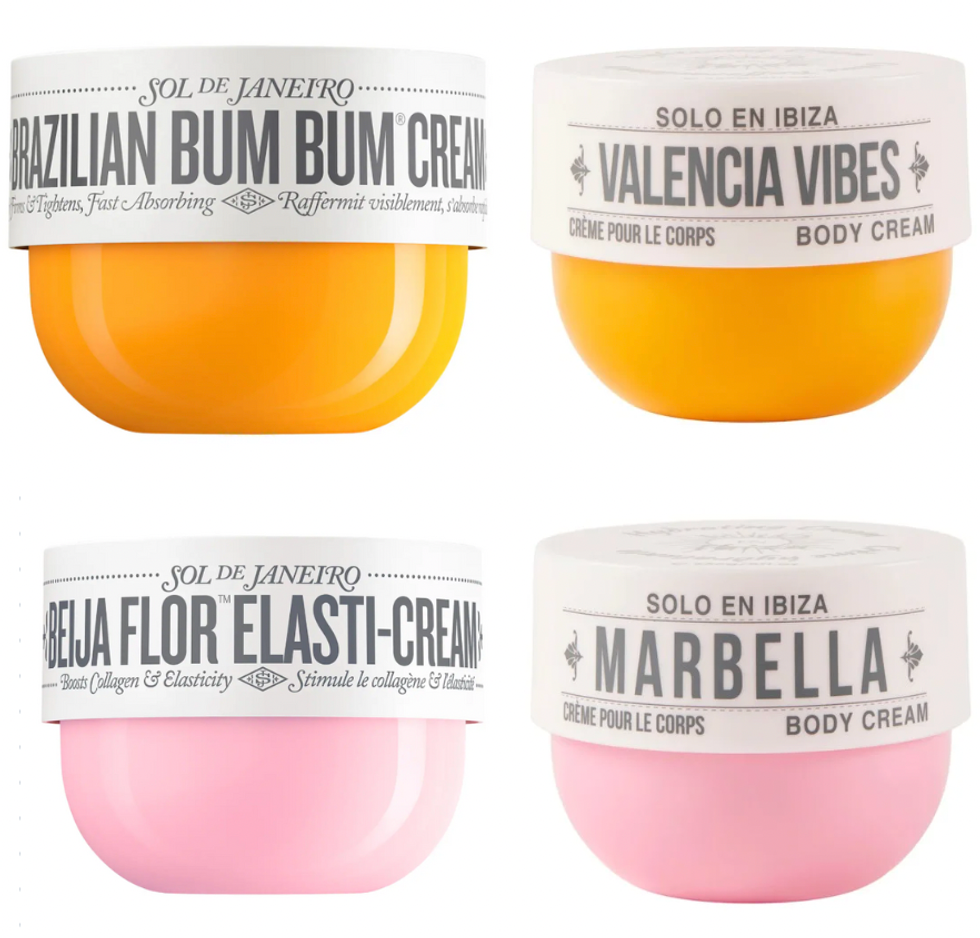 En haut : Cr\u00e8me raffermissante pour le corps Brazilian Bum Bum et l'imitation Valencia Vibes. En bas : Beija Flor Elasti-Cream et l'imitation Marbella.