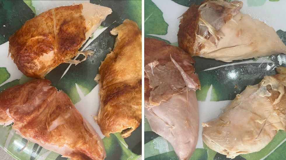 En haut : poulet Maxi,. \u00c0 droite : poulet IGA. En bas \u00e0 gauche : poulet Costco.