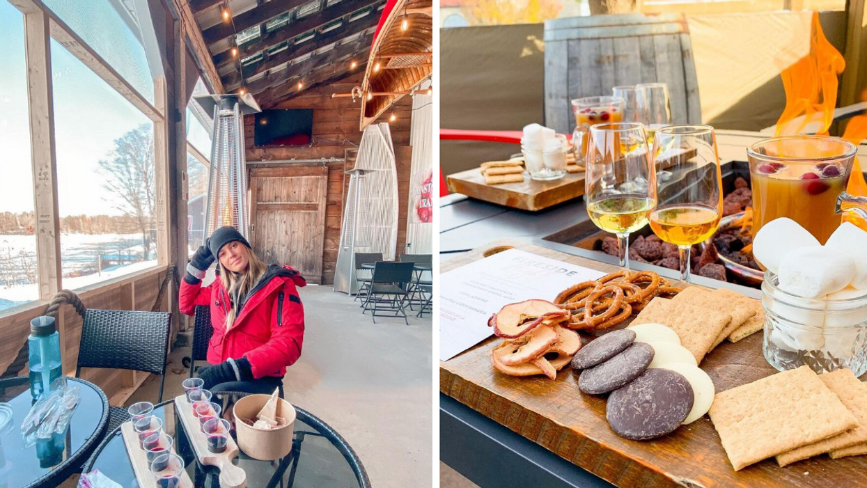 Enclosed patio with a heater and wine flights. Right: Charcuterie snacks on a fire table.