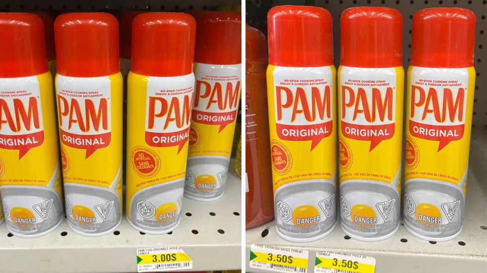 Enduit \u00e0 cuisson antiadh\u00e9sif Pam \u00e0 3 $. Droite : Enduit \u00e0 cuisson antiadh\u00e9sif Pam \u00e0 3,50 $.