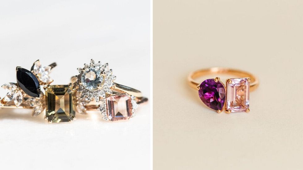 Engagement rings with unique centre stones in different colours. Right: A two-toned purple 'Toi et Moi' engagement ring.
