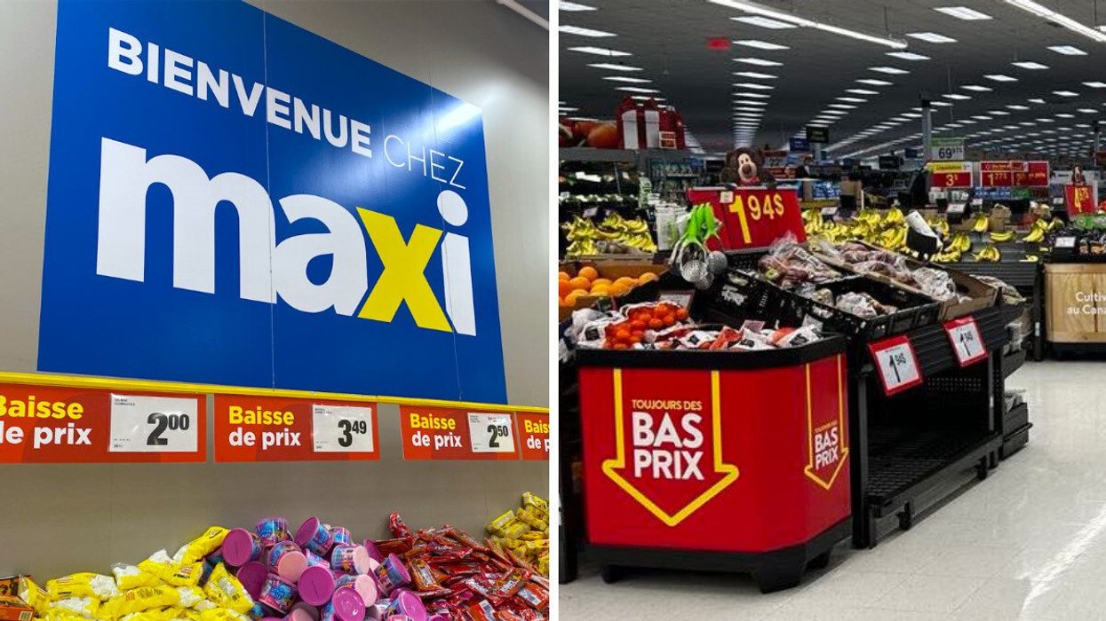Enseigne « Bienvenue chez Maxi » au dessus d'aliments en rabais. Droite : Section des fruits et légumes au Walmart.