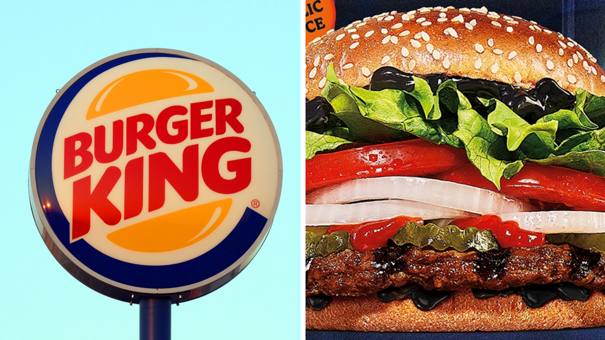 Enseigne de Burger King. Droite : Whopper sauce ail noir.