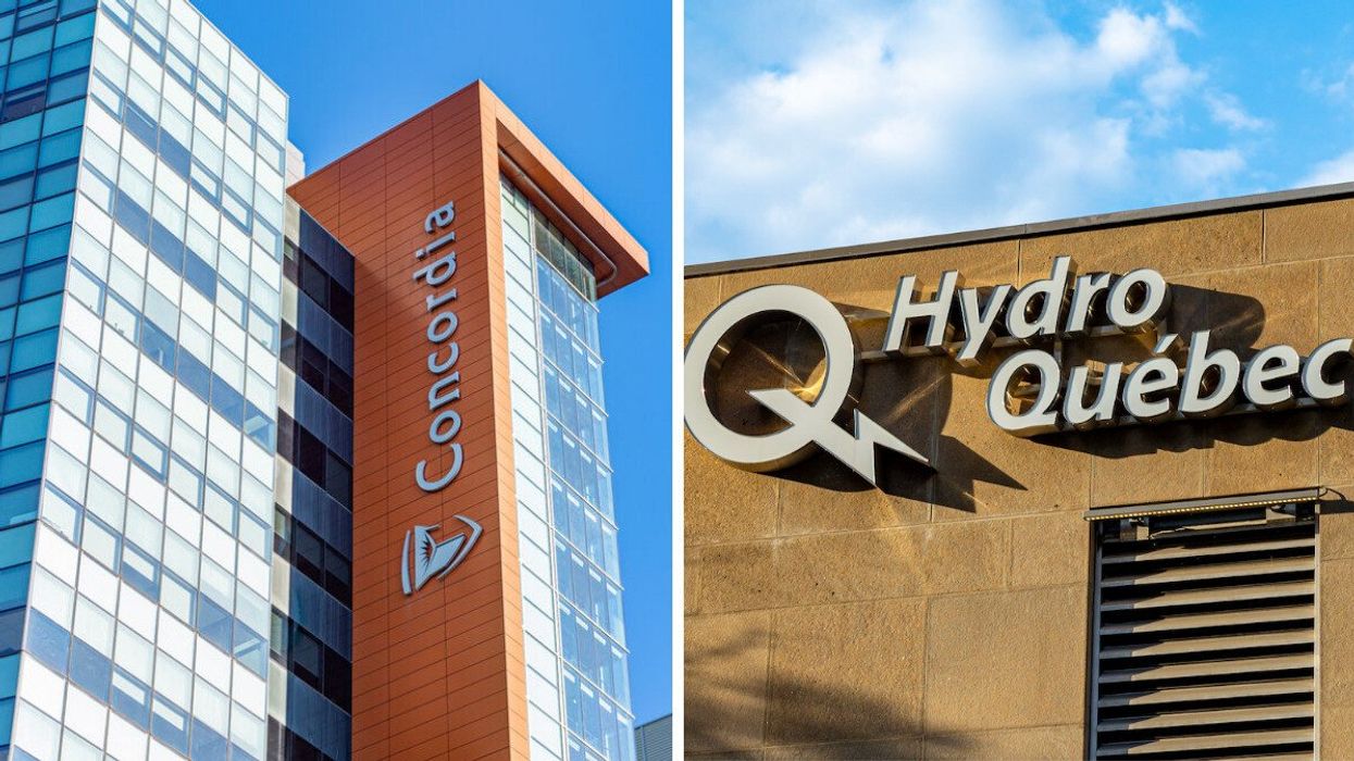Enseigne de l'Université Concordia sur un édifice. Droite: le logo d'Hydro-Québec sur un édifice.