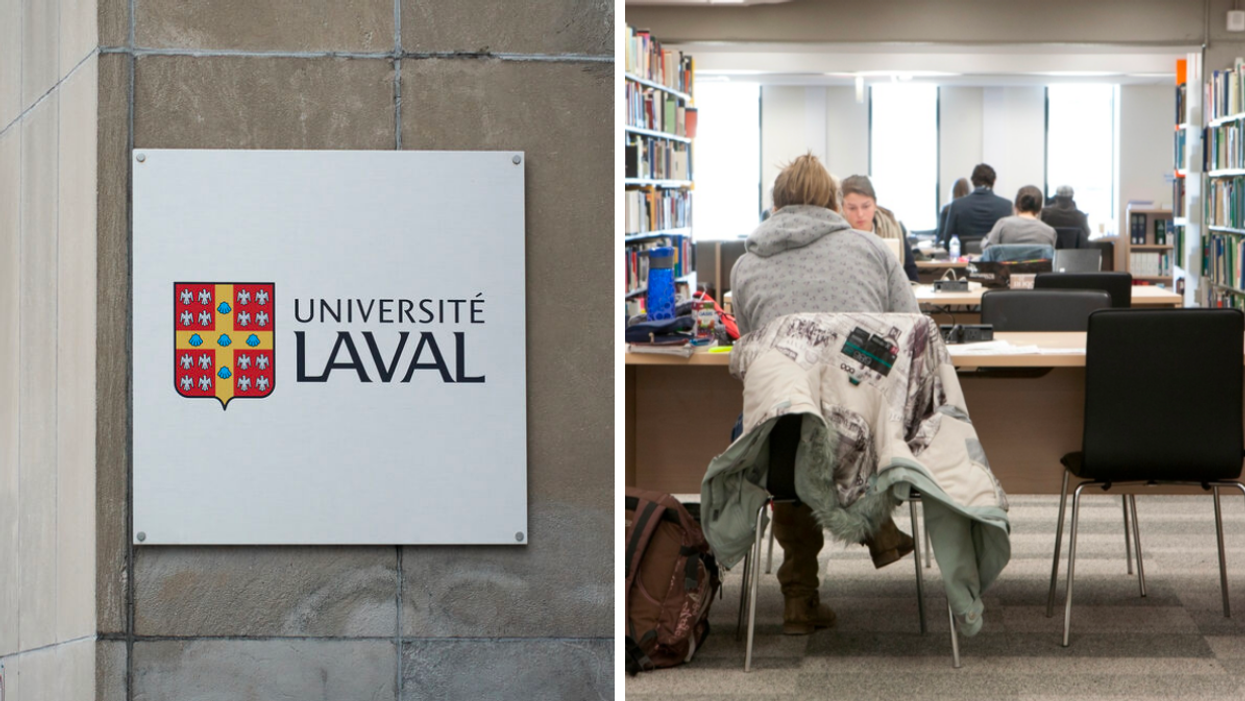 Enseigne de l'Université Laval. Droite : Des étudiants.