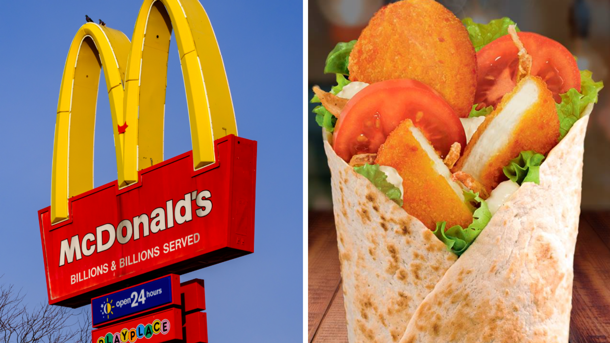 Enseigne de McDonald's Canada. Droite : Le McWrap Chèvre au McDonald's France.