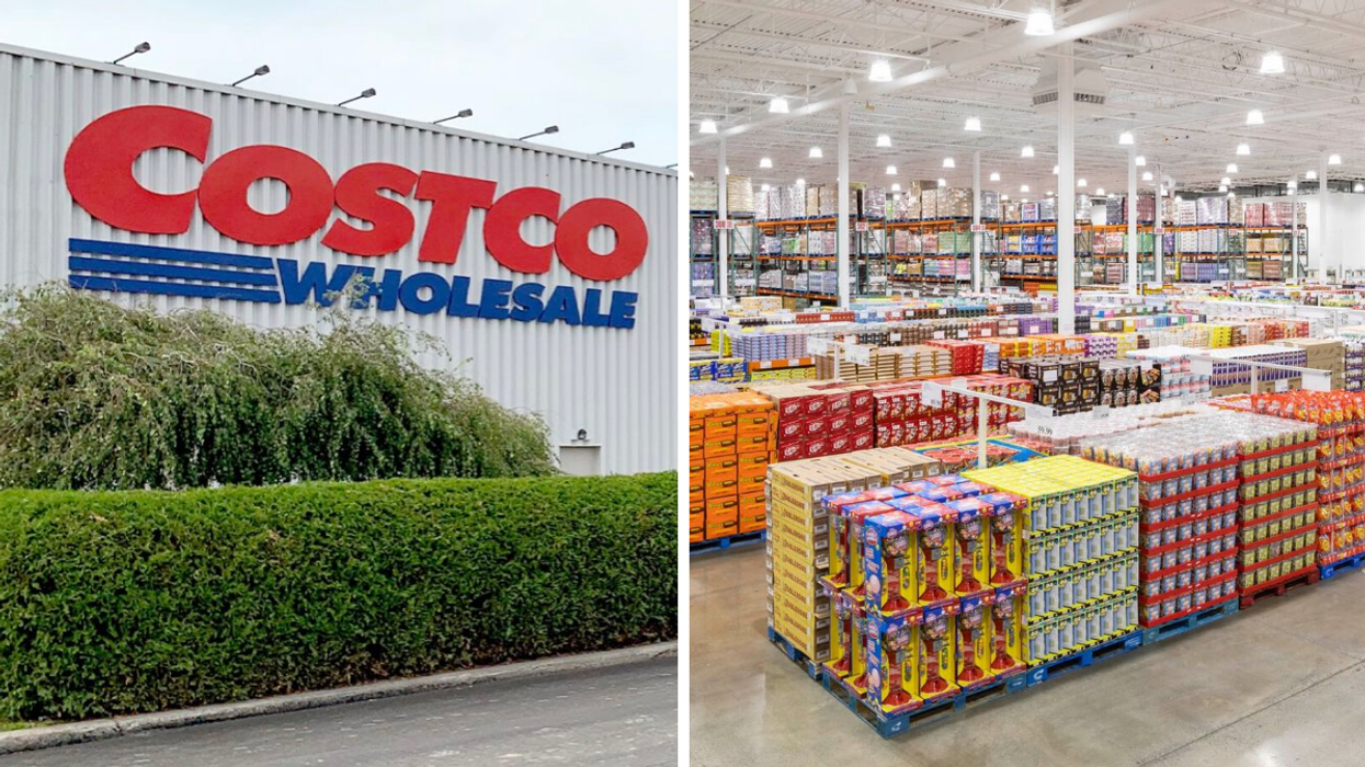 Enseigne du Costco. Droite : Intérieur du Costco.