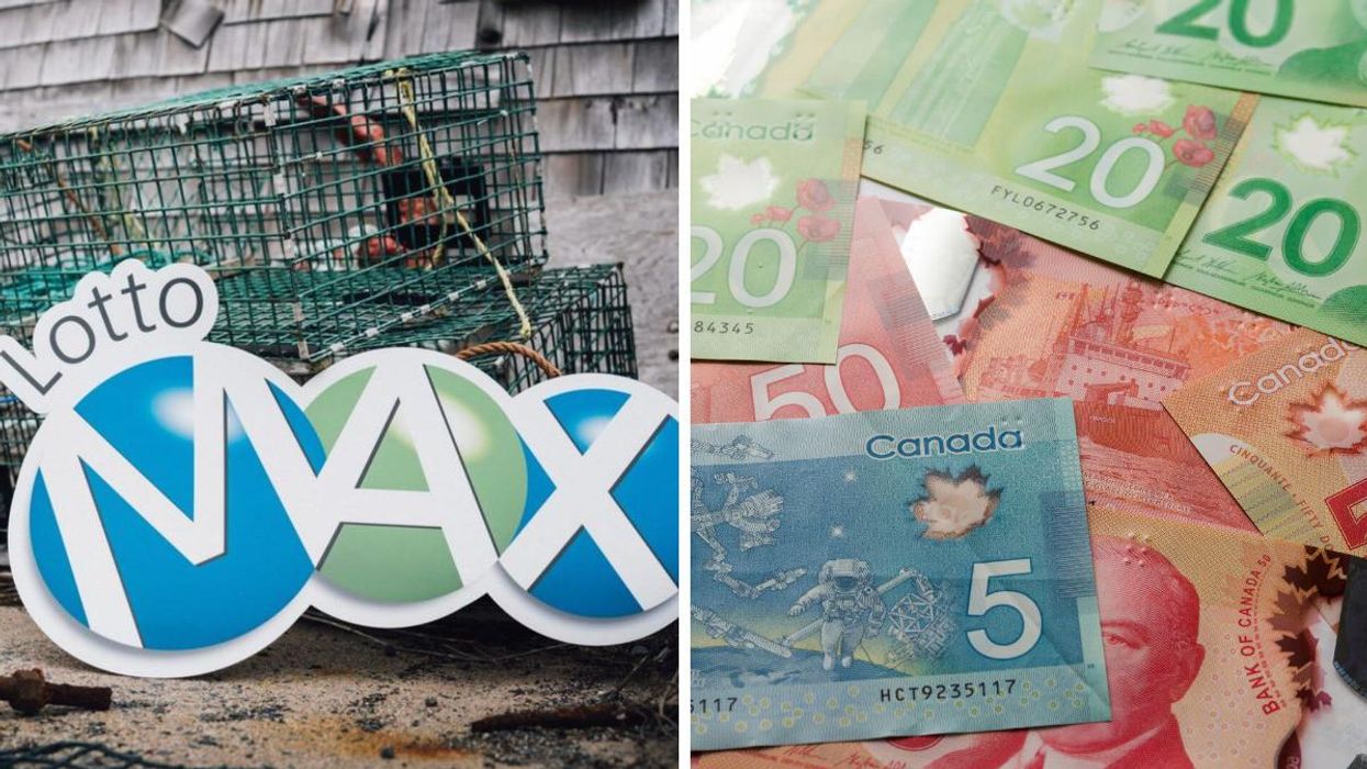Enseigne Lotto Max. Droite : Monnaie canadienne.