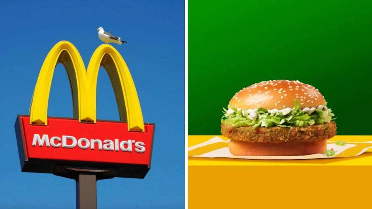 Enseigne McDonald's. Droite : Burger végé chez McDonald's.