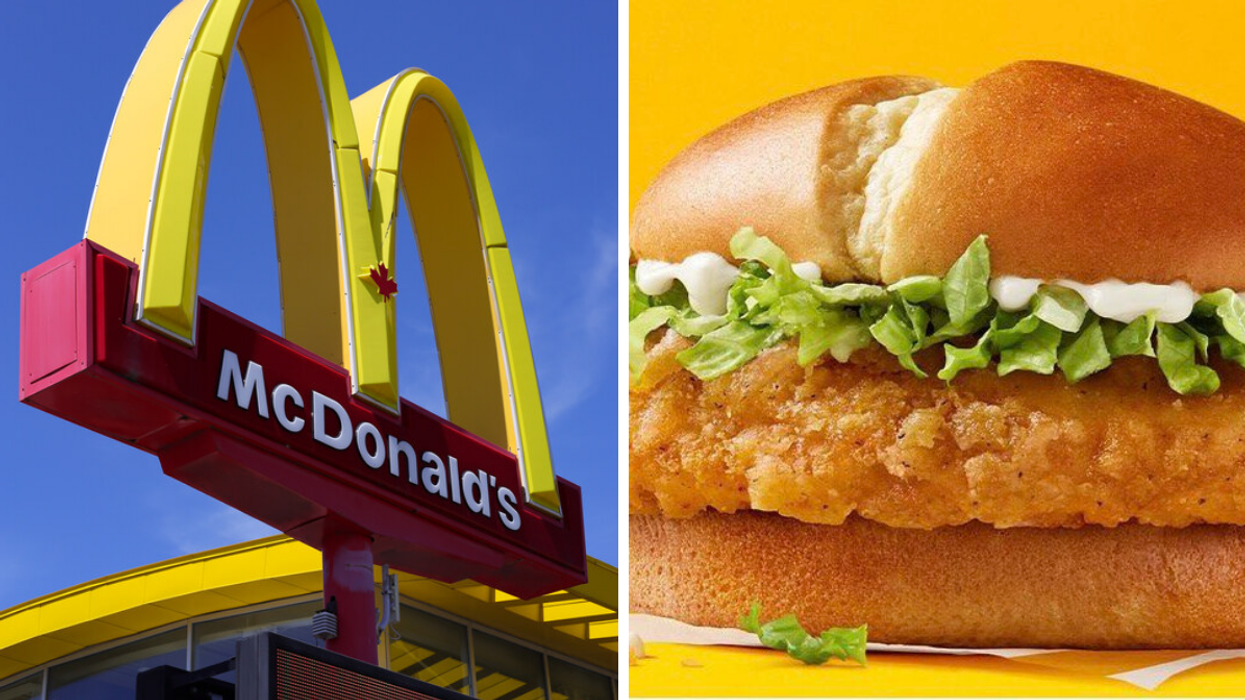 Enseigne McDonald's. Droite : nouveau burger McCroustillant.