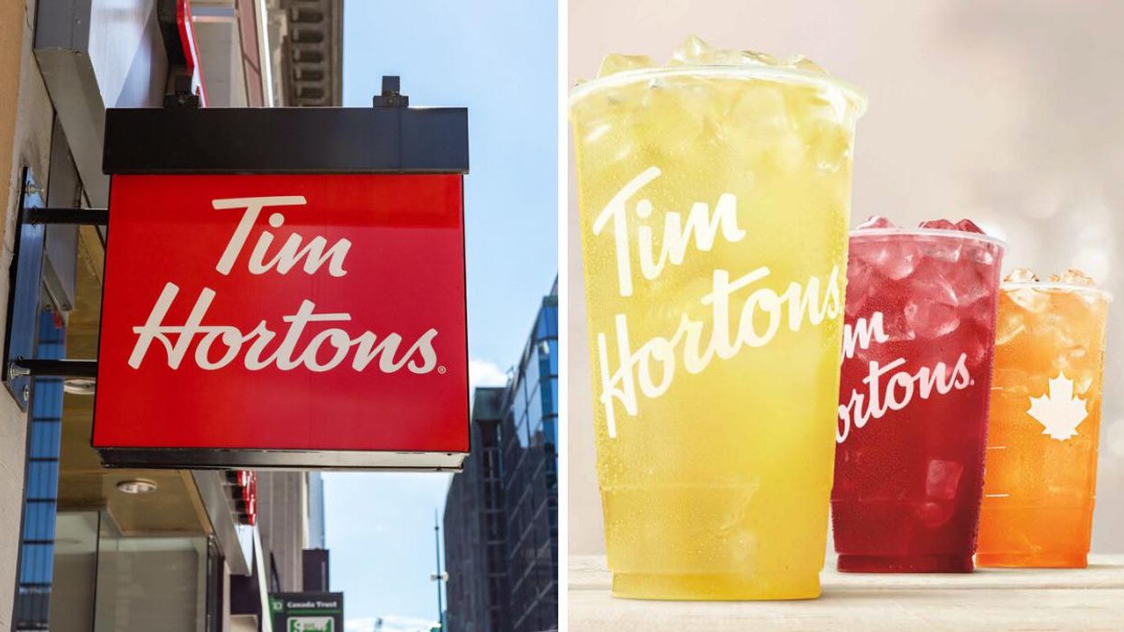 Enseigne Tim Hortons. Droite: Boissons RafraîchiTim.
