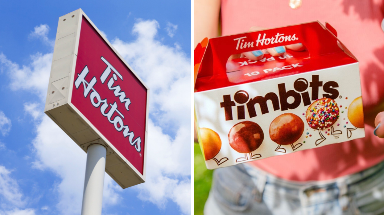 Enseigne Tim Hortons. Droite: Boîte de Timbits.