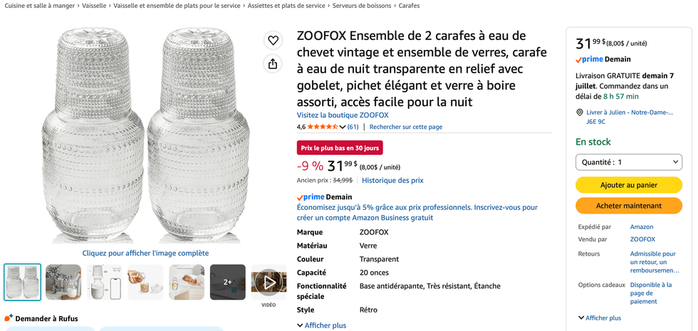 Ensemble de 2 carafes \u00e0 eau de chevet vintage et ensemble de verres, carafe \u00e0 eau de nuit transparente en relief avec gobelet sur la page web d'Amazon Canada.
