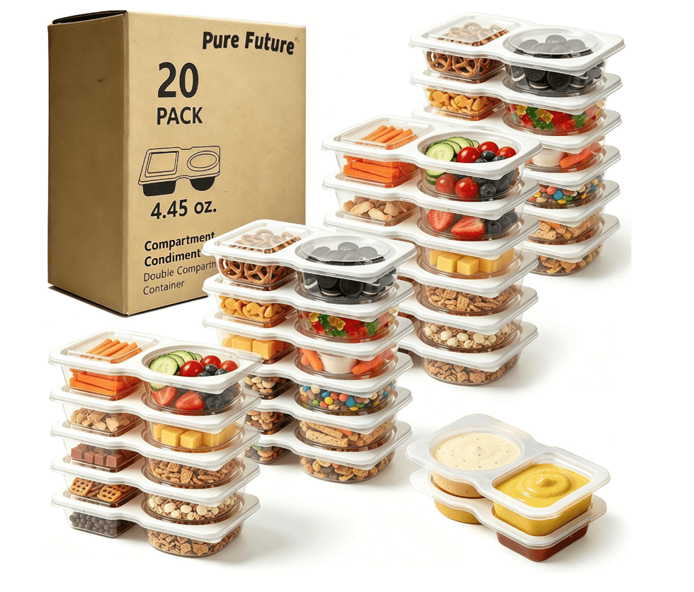 Ensemble de 20 bo\u00eetes \u00e0 collation Pure Future r\u00e9utilisables avec deux compartiments sur le site d'Amazon Prime.