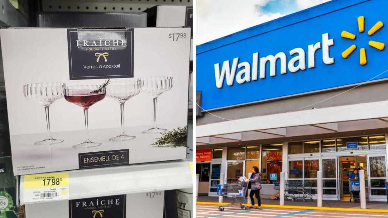 Ensemble de 4 verres à cocktail élégants. Droite : devanture du Walmart.