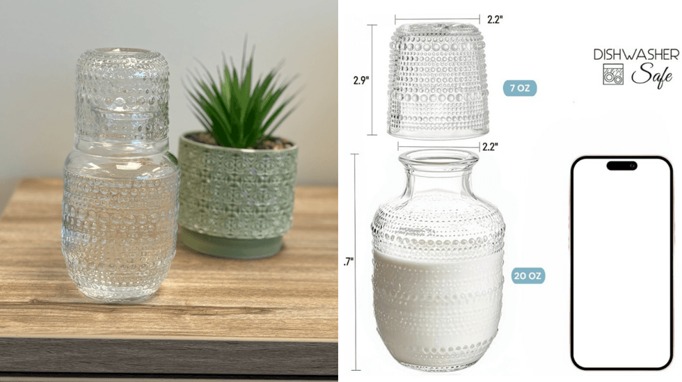 Ensemble de carafe pour table de chevet en verre devant une plante sur une tablette. Droite : Ensemble de 2 carafes \u00e0 eau de chevet vintage et ensemble de verres, carafe \u00e0 eau de nuit transparente en relief avec gobelet sur le site web d'Amazon Canada.