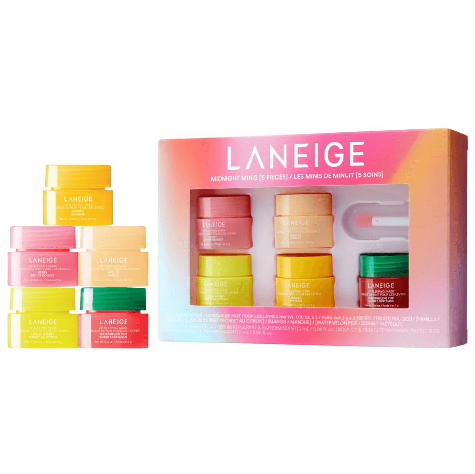 Ensemble de cinq masques de nuit hydratant pour les l\u00e8vres Midnight Minis vendu chez Sephora.