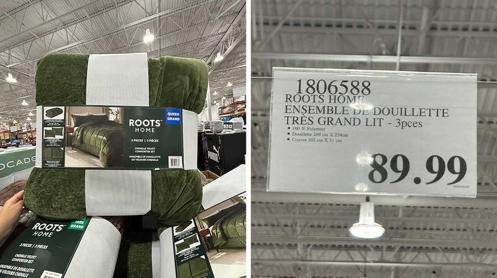 Ensemble de douillette trois pi\u00e8ces pour tr\u00e8s grand lit chez Costco. Droite : Affiche de prix Costco pour l'ensemble de douillette tr\u00e8s grand lit Roots Home.