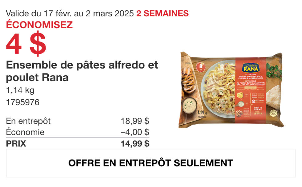 Ensemble de p\u00e2tes alfredo et poulet Rana dans la circulaire du site de Costco.