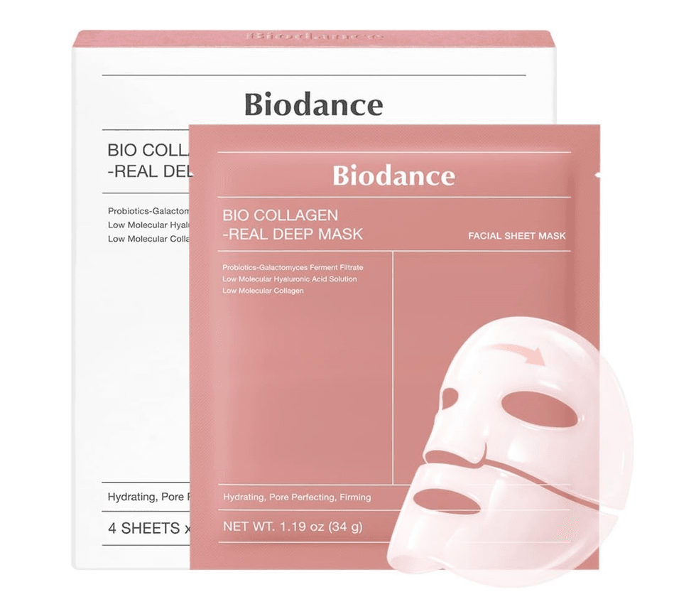 Ensemble de quatre masques hydrogel Biodance Bio-Collagen pour hydrater et lisser l'apparence de la peau sur le site d'Amazon Prime.