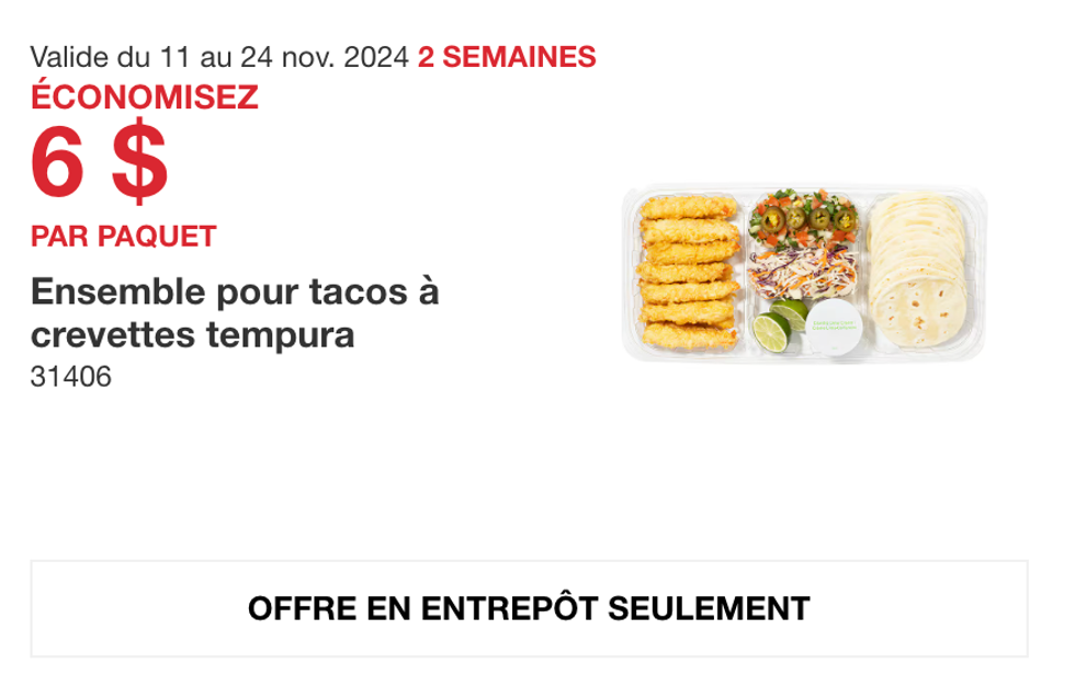 Ensemble pour tacos recette tempura dans la circulaire du Costco.