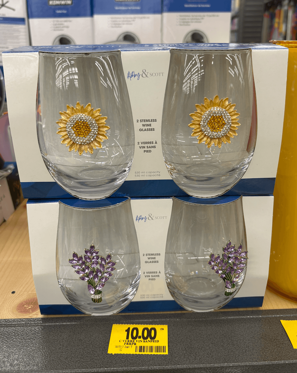 Ensembles de verres \u00e0 vin sans pied avec motifs de tournesol et de lavande chez Tigre G\u00e9ant.